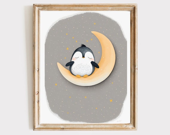 Penguin Nursery Decor Quirky Wall Art Children Room Cute Animals Moon Print