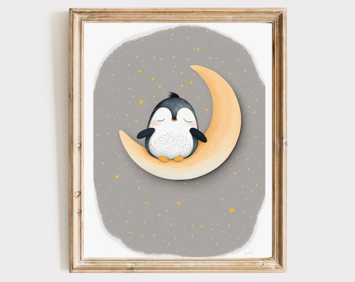 Sleeping Baby Penguin On Moon Nursery Kids Room Decor Poster