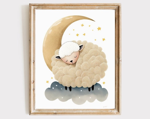 Sheep Decor Moon Quirky Wall Art Children Room Cute Animals Nursery