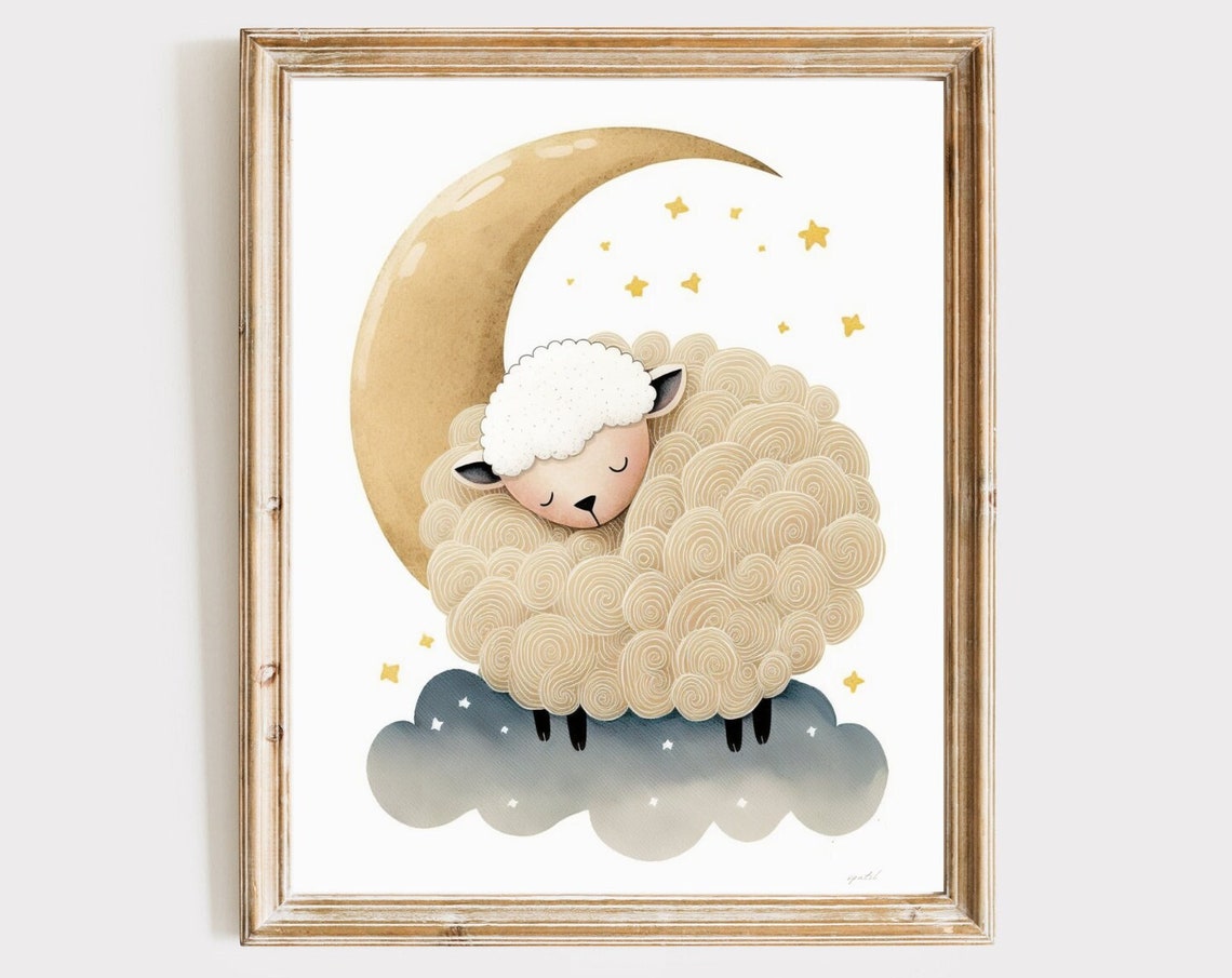 Sleeping Sheep Under Crescent Moon Nursery Baby Room Poster Stars
