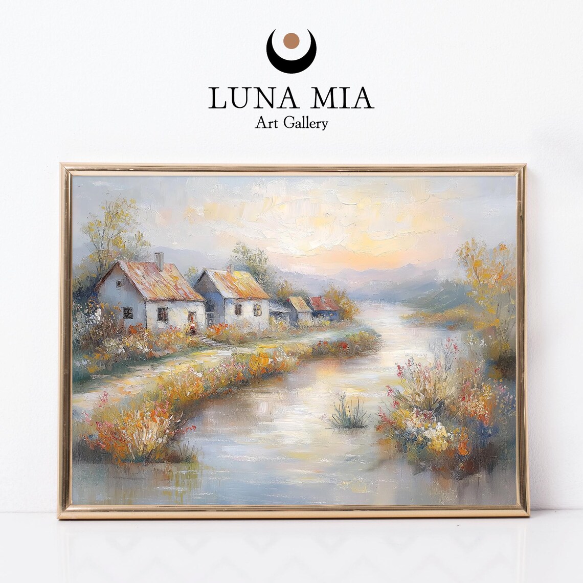 Rustic Vintage Countryside Art, Serene River Village