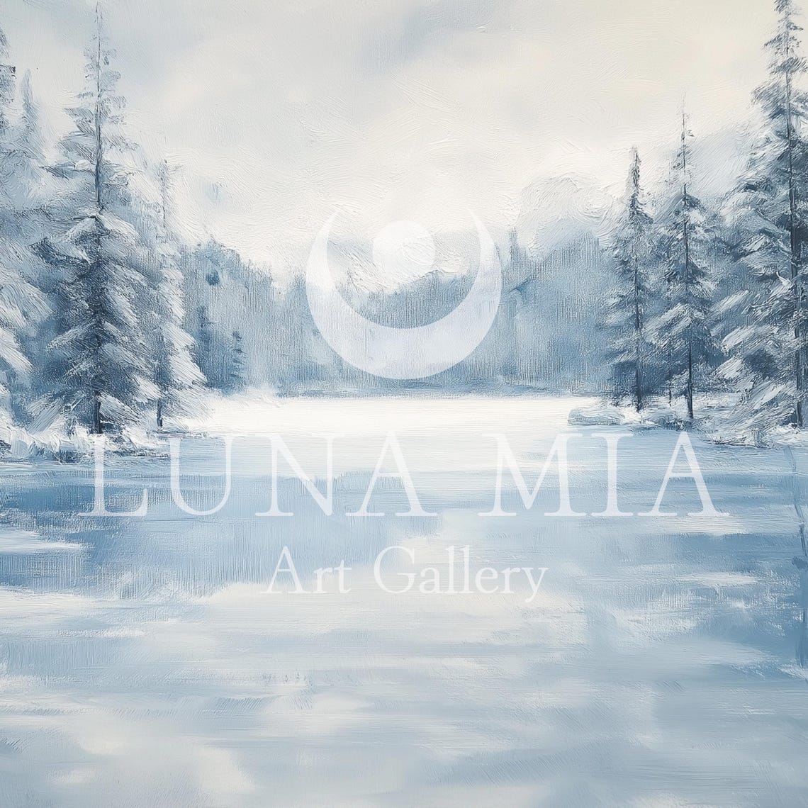 Frozen River in Snowy Pine Forest Blue Gray Winter Landscape Poster - Image 5