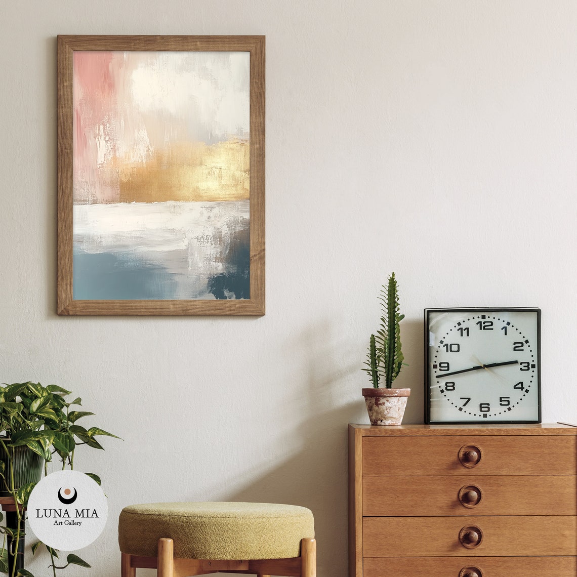 Soft Blush Gold and Blue Abstract Horizon Painting Art Poster - Image 3