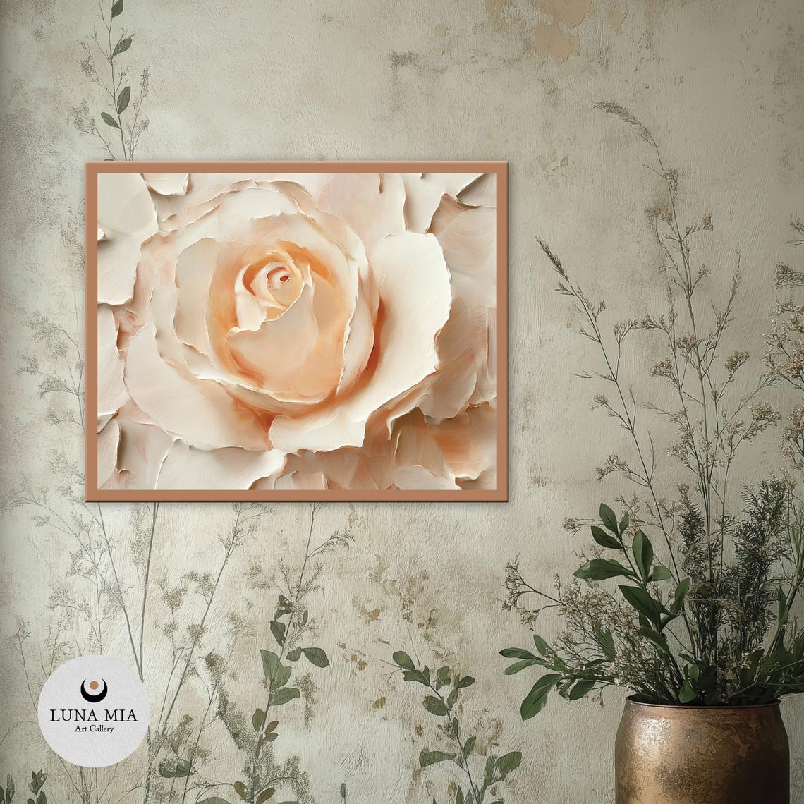 Cream Blush Rose In Bloom Soft Petals Impasto Floral Painting Poster - Image 2