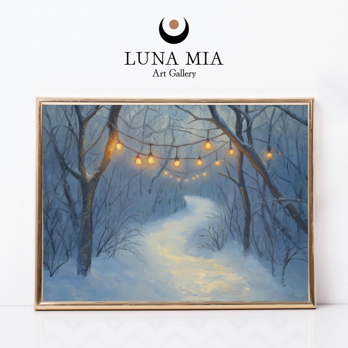 Snowy Forest Path with String Lights Enchanting Winter Night Poster
