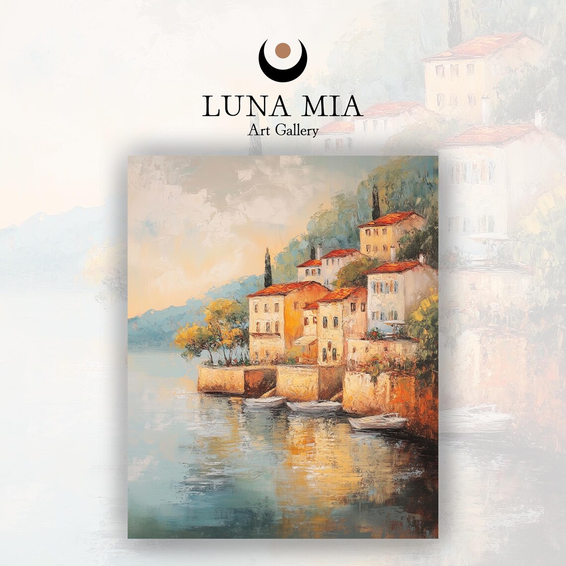 Mediterranean Fishing Village Waterfront Sunset Oil Painting Poster - Image 2