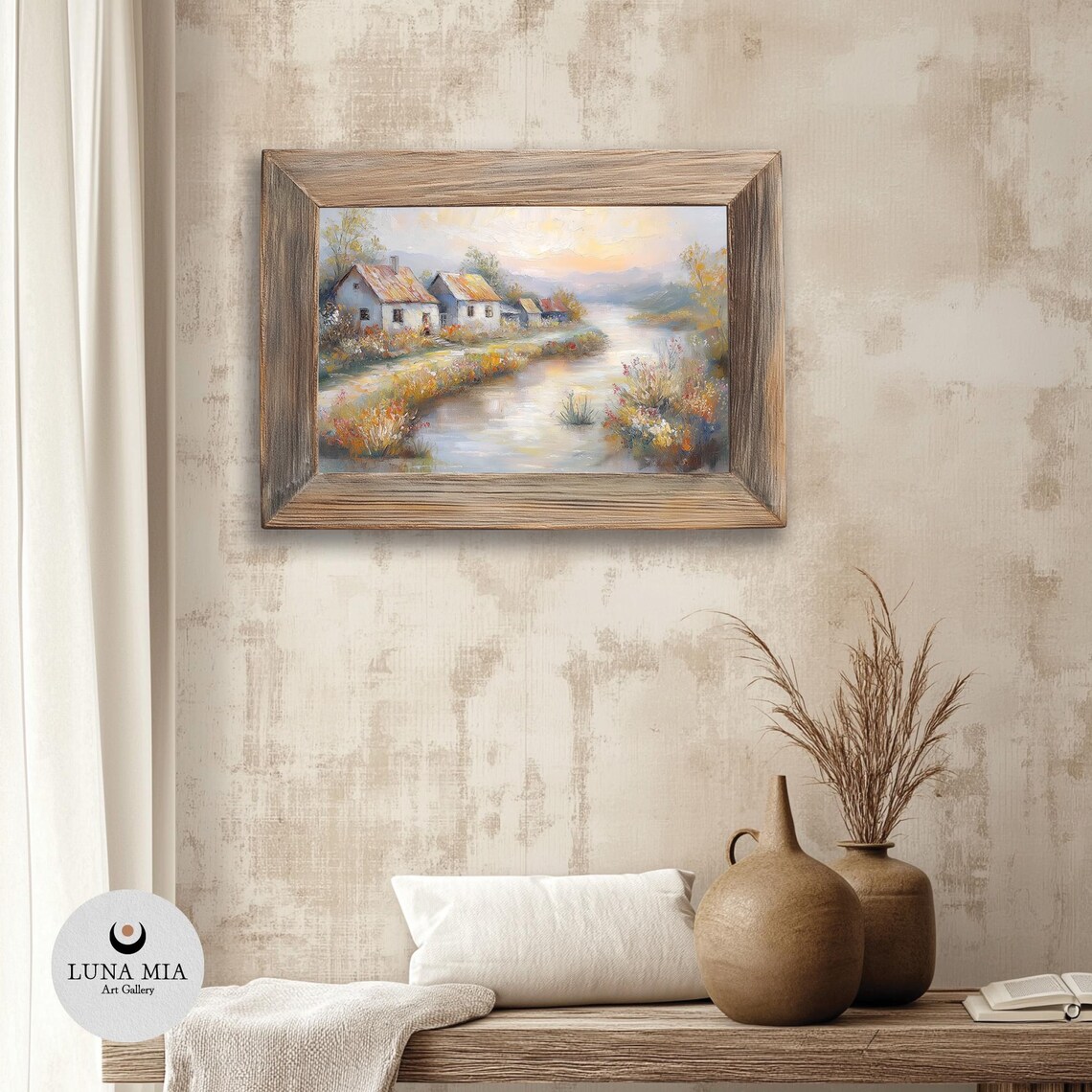Rustic Vintage Countryside Art, Serene River Village - Image 3