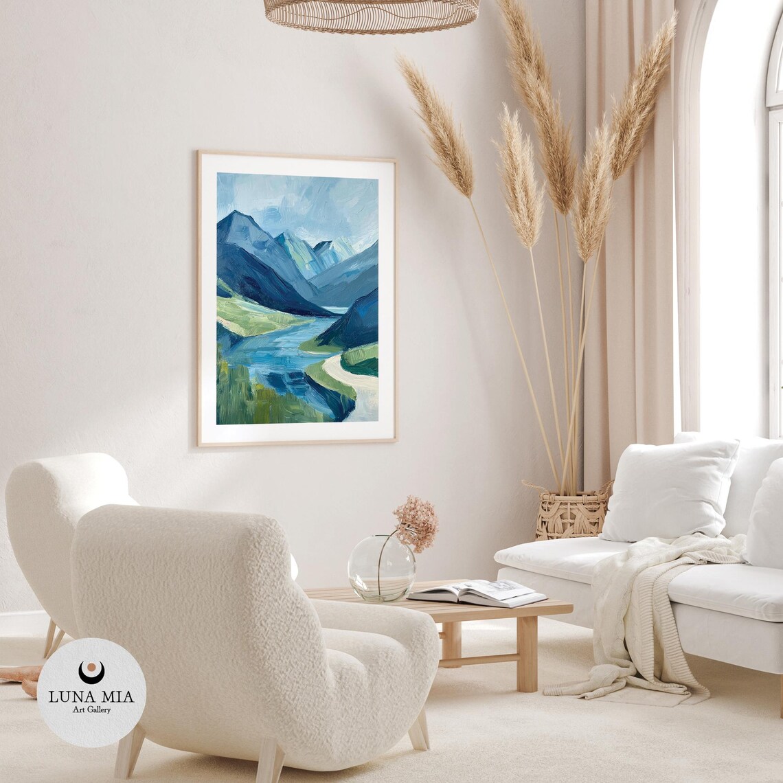 Vintage Blue Green River Mountains Oil Painting Instant Wall Art Decor - Image 3