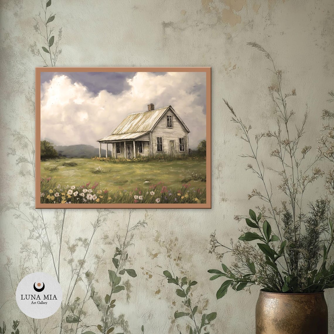 Rustic White Farmhouse In A Wildflower Meadow Under Cloudy Sky Poster - Image 2