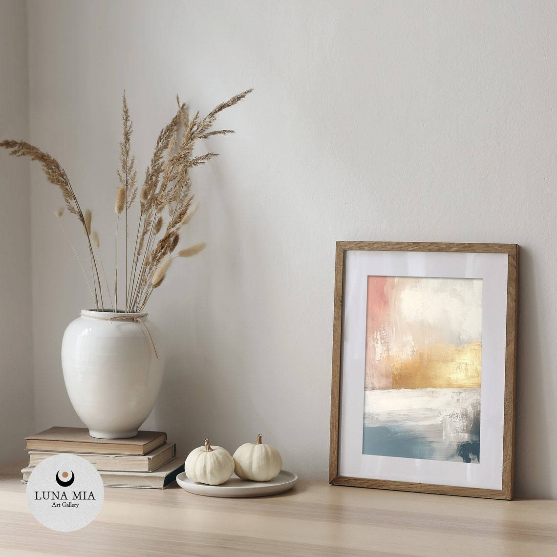 Soft Blush Gold and Blue Abstract Horizon Painting Art Poster - Image 5