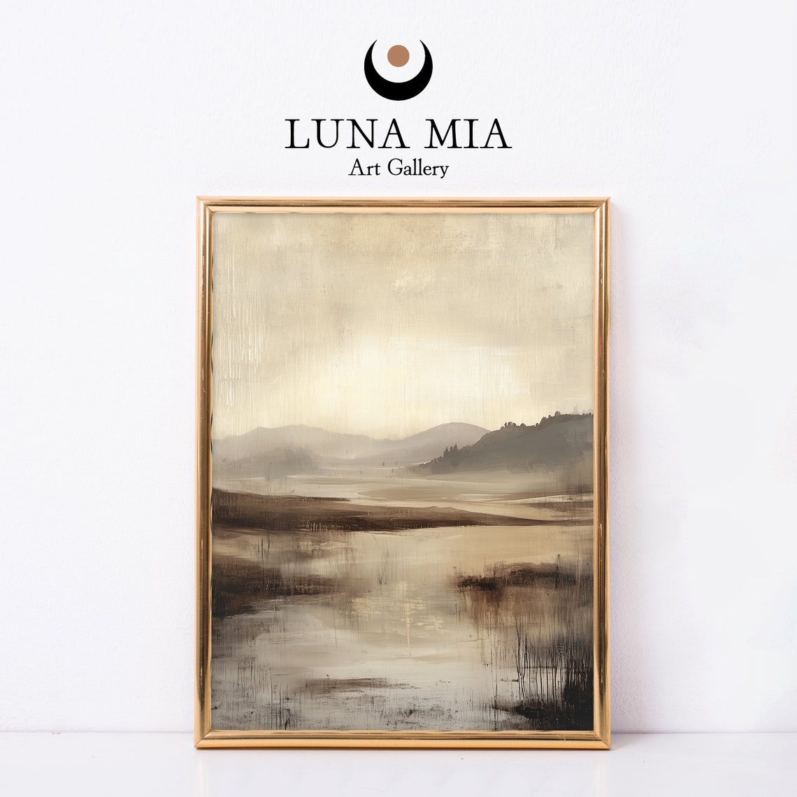 Misty Beige Lake Landscape Minimalist Neutral Art Painting Poster