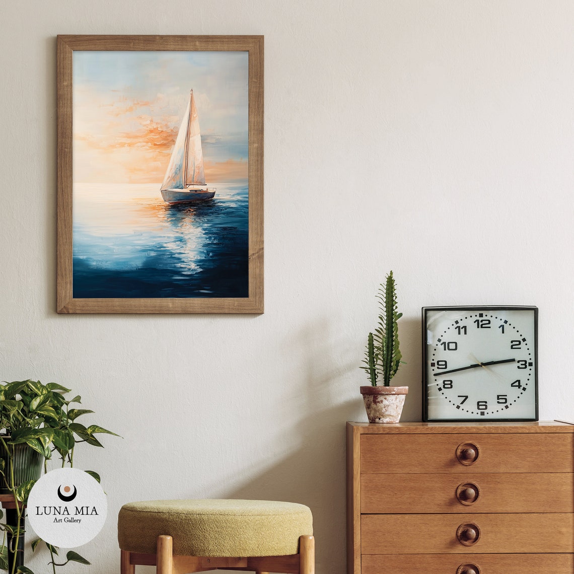 Sailboat Sunset Blue Sea Peach Sky Impressionist Oil Art Poster - Image 3