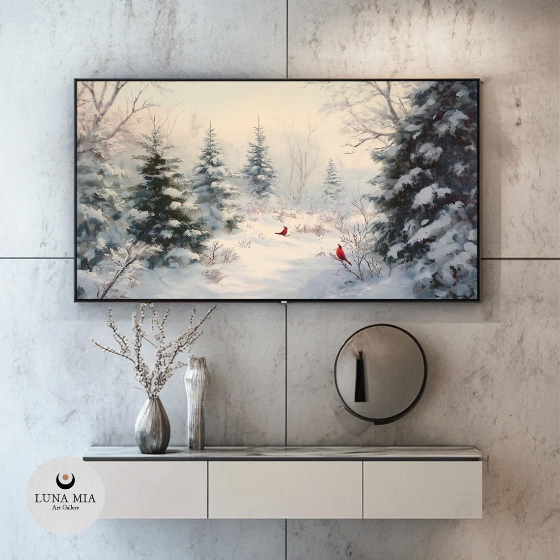 Two Red Cardinals In A Snow Covered Pine Forest Winter Painting Poster - Image 2