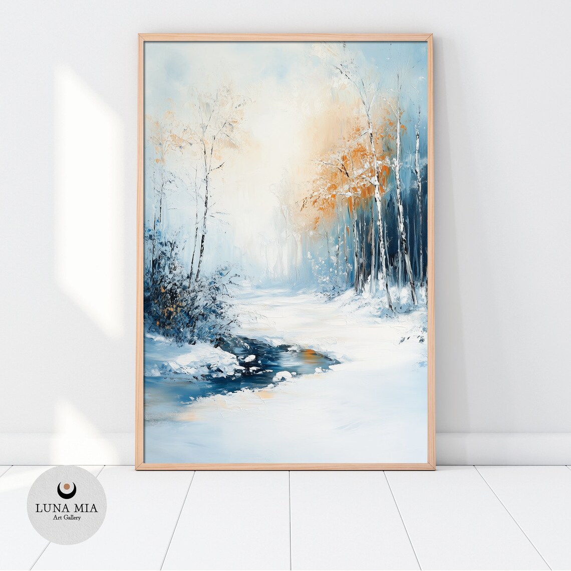Serene Snowy Winter Forest Stream in Blue and White Art Poster - Image 2