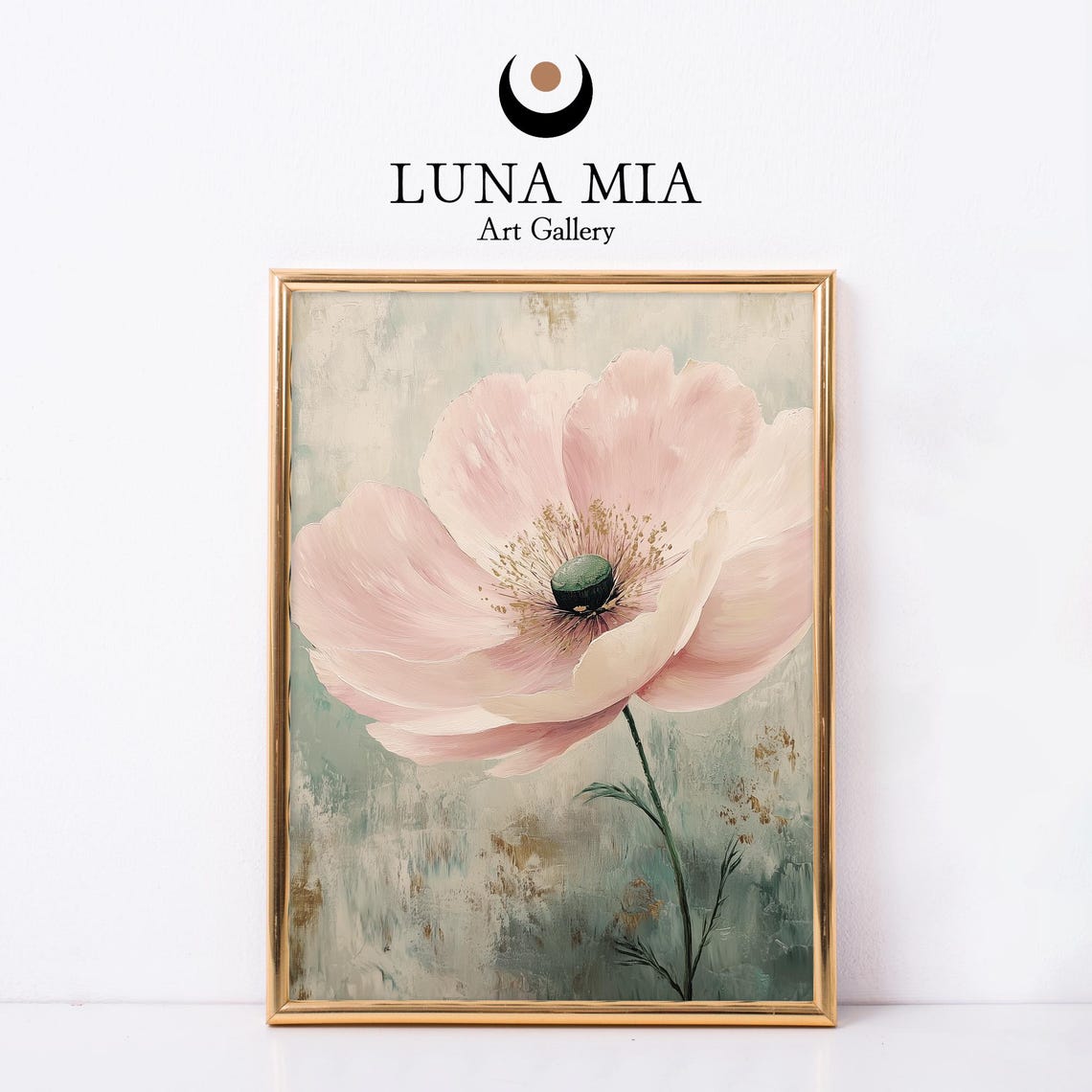 Blush Pink Poppy Flower Sage Green Abstract Botanical Wall Print
