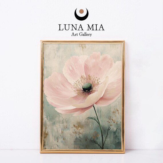 Blush Pink Poppy Flower Sage Green Abstract Botanical Wall Print