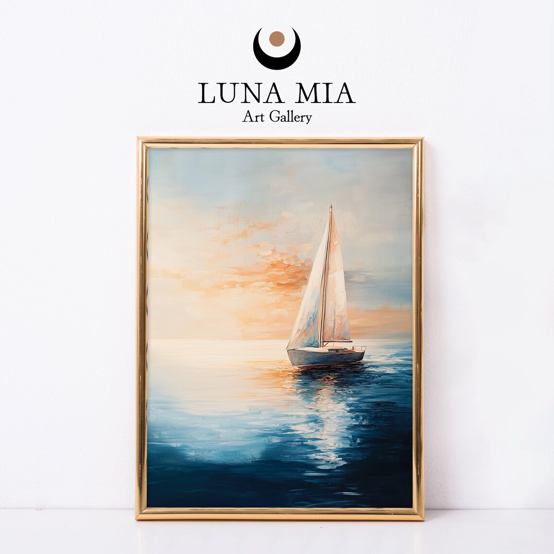 Sailboat Sunset Blue Sea Peach Sky Impressionist Oil Art Poster