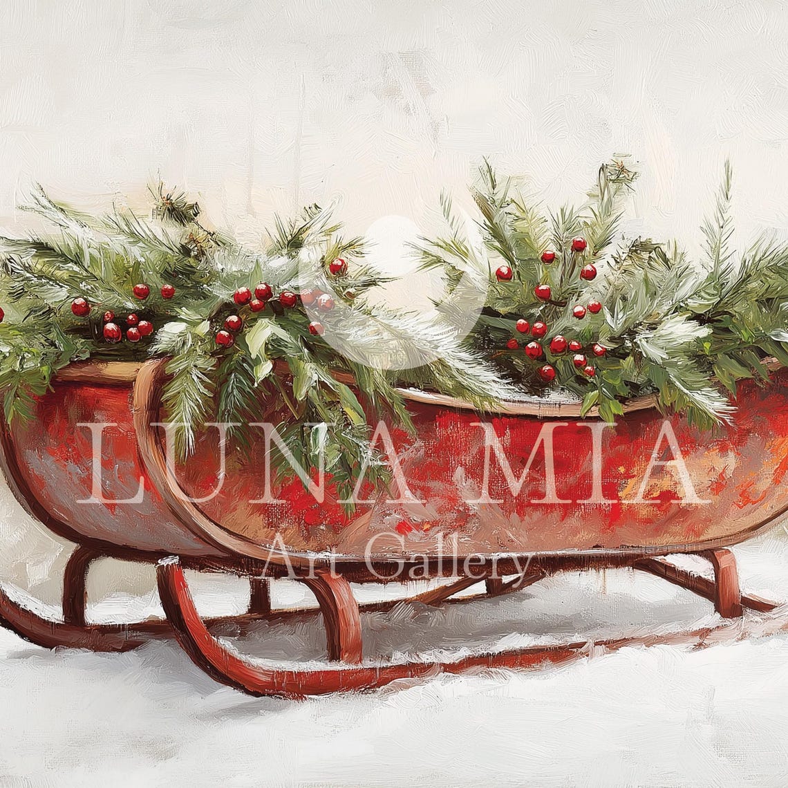 Red Sleigh Filled With Evergreens And Berries In Snow Christmas Poster - Image 5