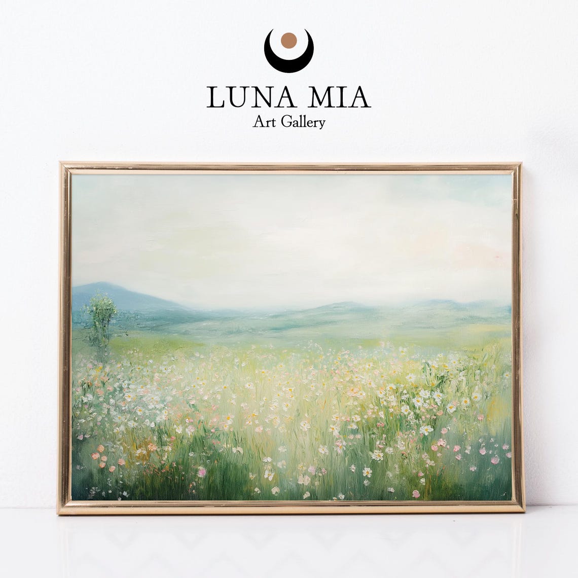 Wildflower Meadow with Distant Mountains Serene Nature Art Poster