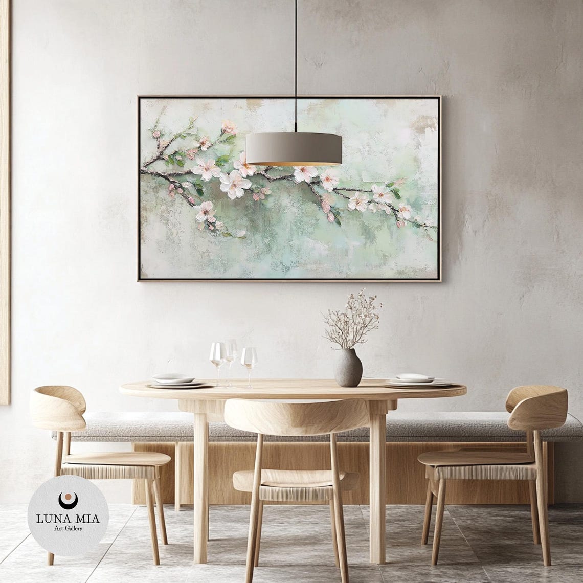 Delicate Cherry Blossom Branch On A Sage Green Textured Art Poster - Image 3
