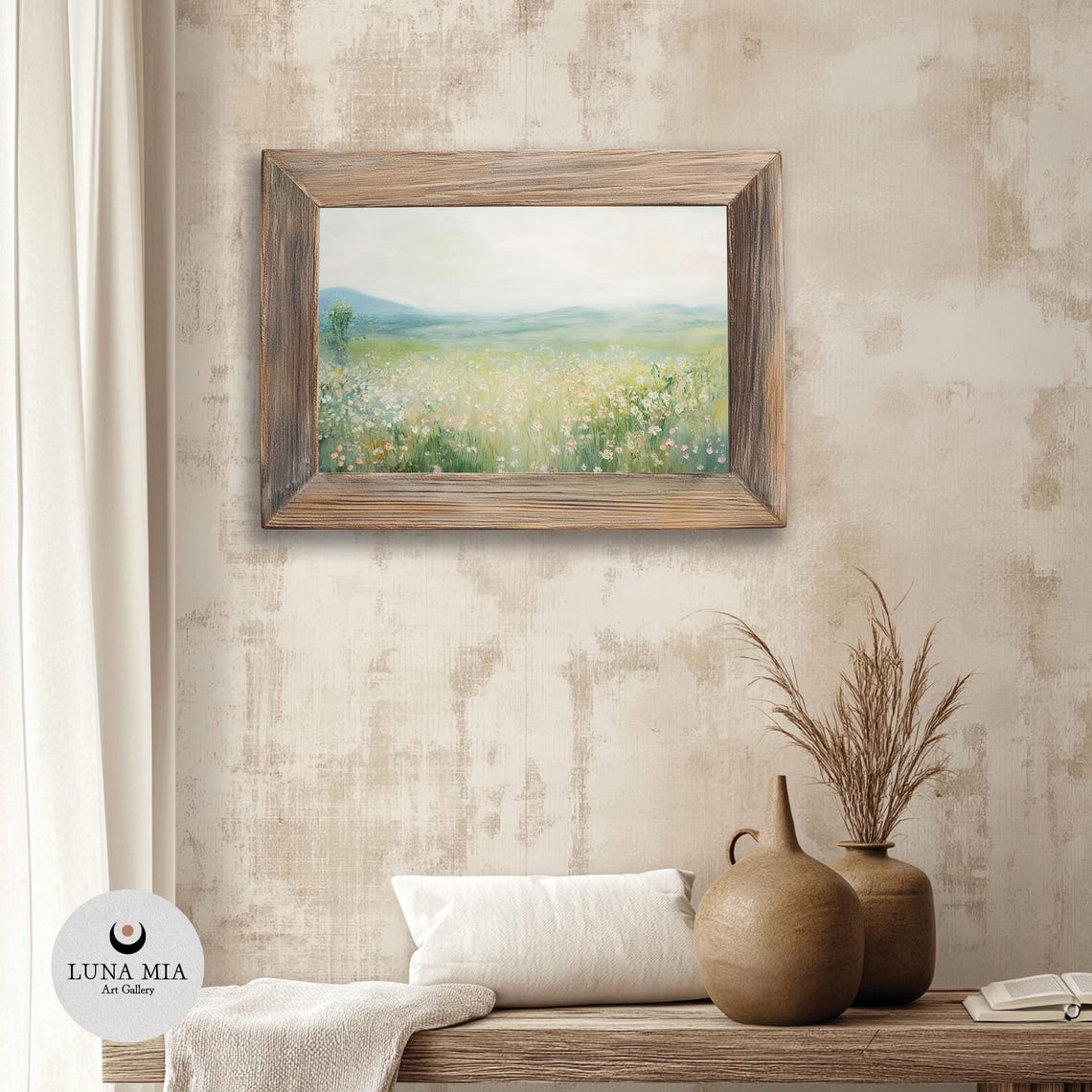 Wildflower Meadow with Distant Mountains Serene Nature Art Poster - Image 3