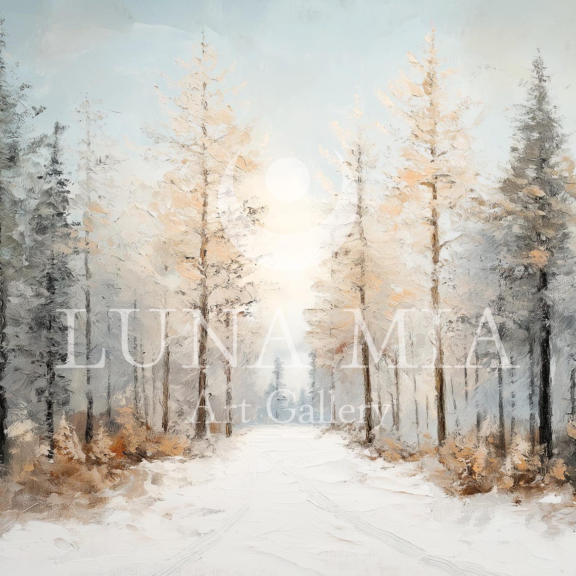 Snowy Forest Road with Golden Sunrise Glow Winter Path Art Poster - Image 5