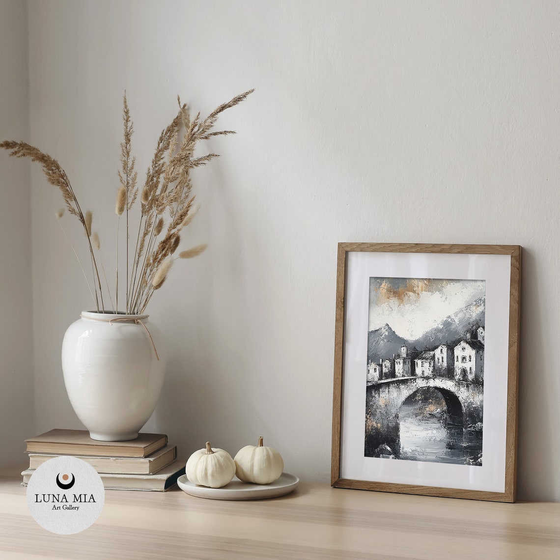 Timeless Black and White Village With Stone Bridge Art Poster - Image 5