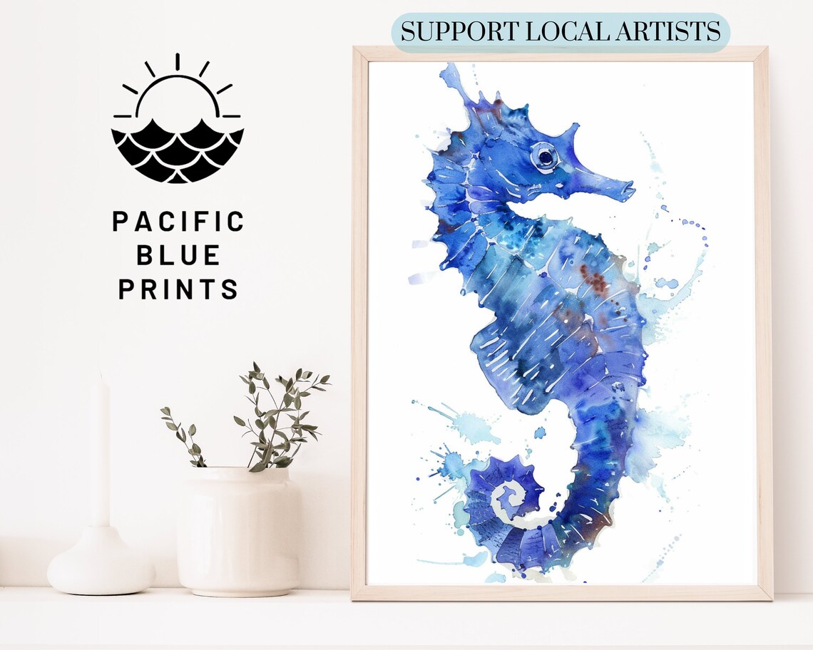 Blue Seahorse Watercolor Splash Art Ocean Sea Animal Wall Poster Print - Image 4