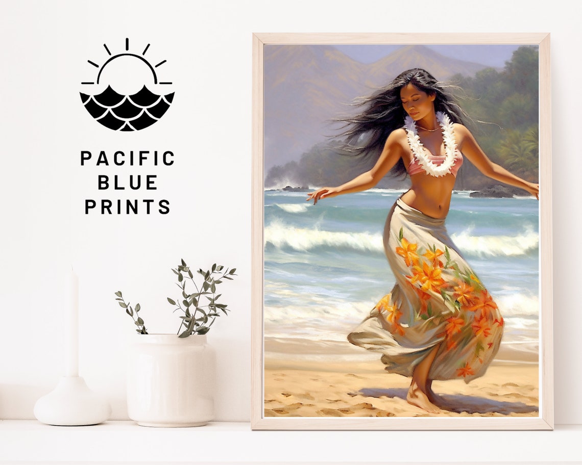 Beautiful Hula Dancer On Beach Hawaiian Hula Art On Thick Matte Paper - Image 4