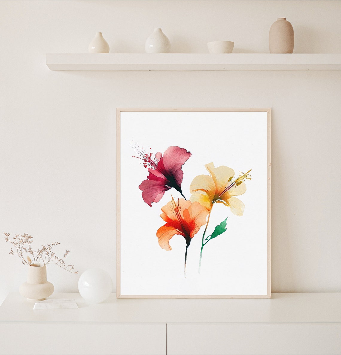 Hibiscus Watercolor Trio Pink Yellow Orange Blooms Minimalist Wall Art - Image 3