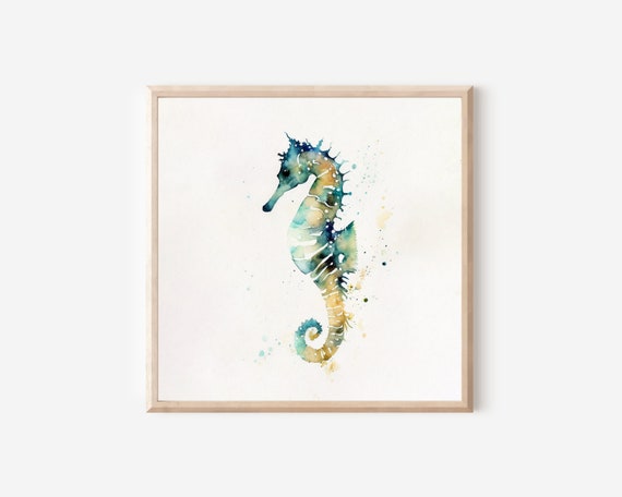 Seahorse Watercolor Art Print, Minimalist Coastal Decor