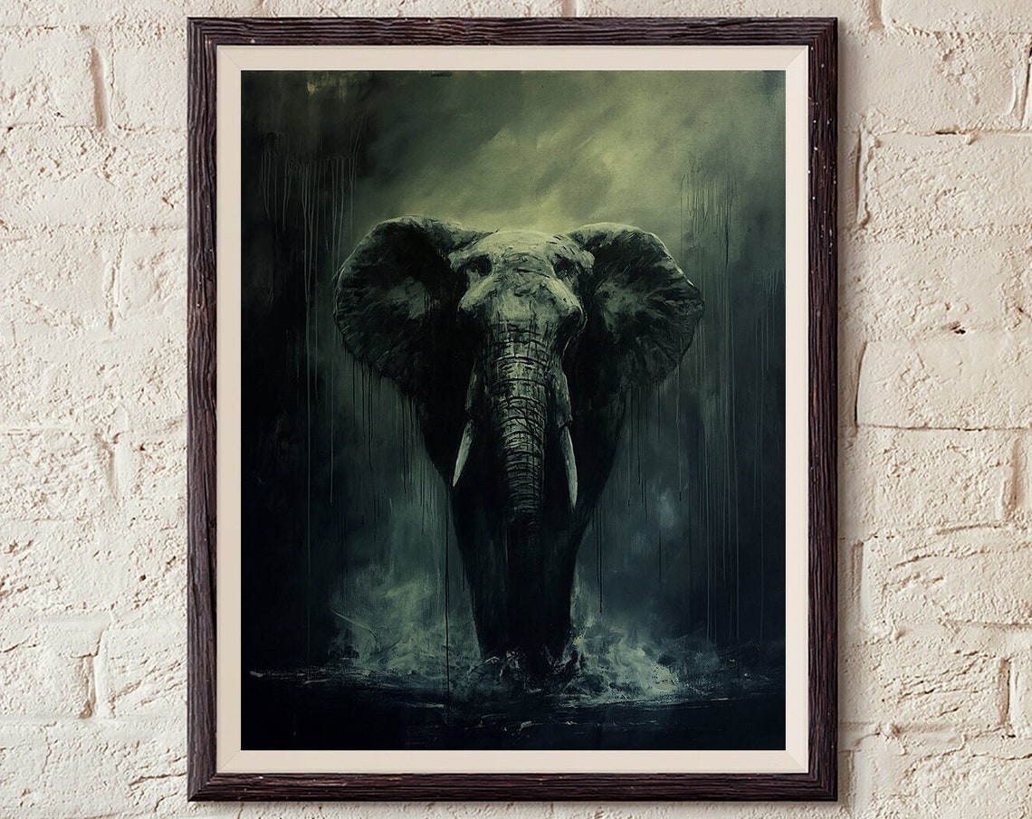 Dark Elephant Emerging in the Rain Monochrome Dramatic Animal Poster - Image 5