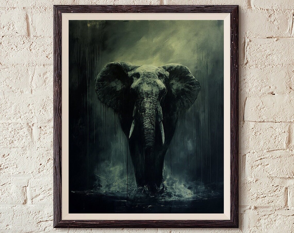 Elephant Emerging in the Rain Moody Monochrome Wildlife Art Poster - Image 5
