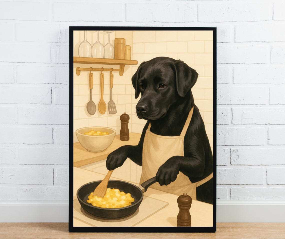 Black Lab Chef Cooking Scrambled Eggs Whimsical Kitchen Dog Poster