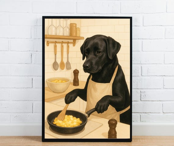 Funny Dog Cooking Wall Art Black Lab Making Breakfast Whimsical Animal Kitchen Decor For Pet Lovers