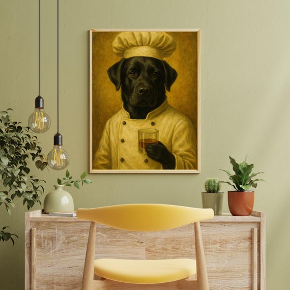 Chef Dog Wall Art Black Lab In Uniform With Drink Funny Kitchen Decor For Lovers And Culinary Enthusiasts