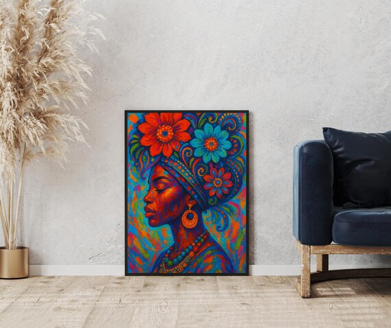 Colorful African Woman Floral Headwrap Bold Portrait Art Poster