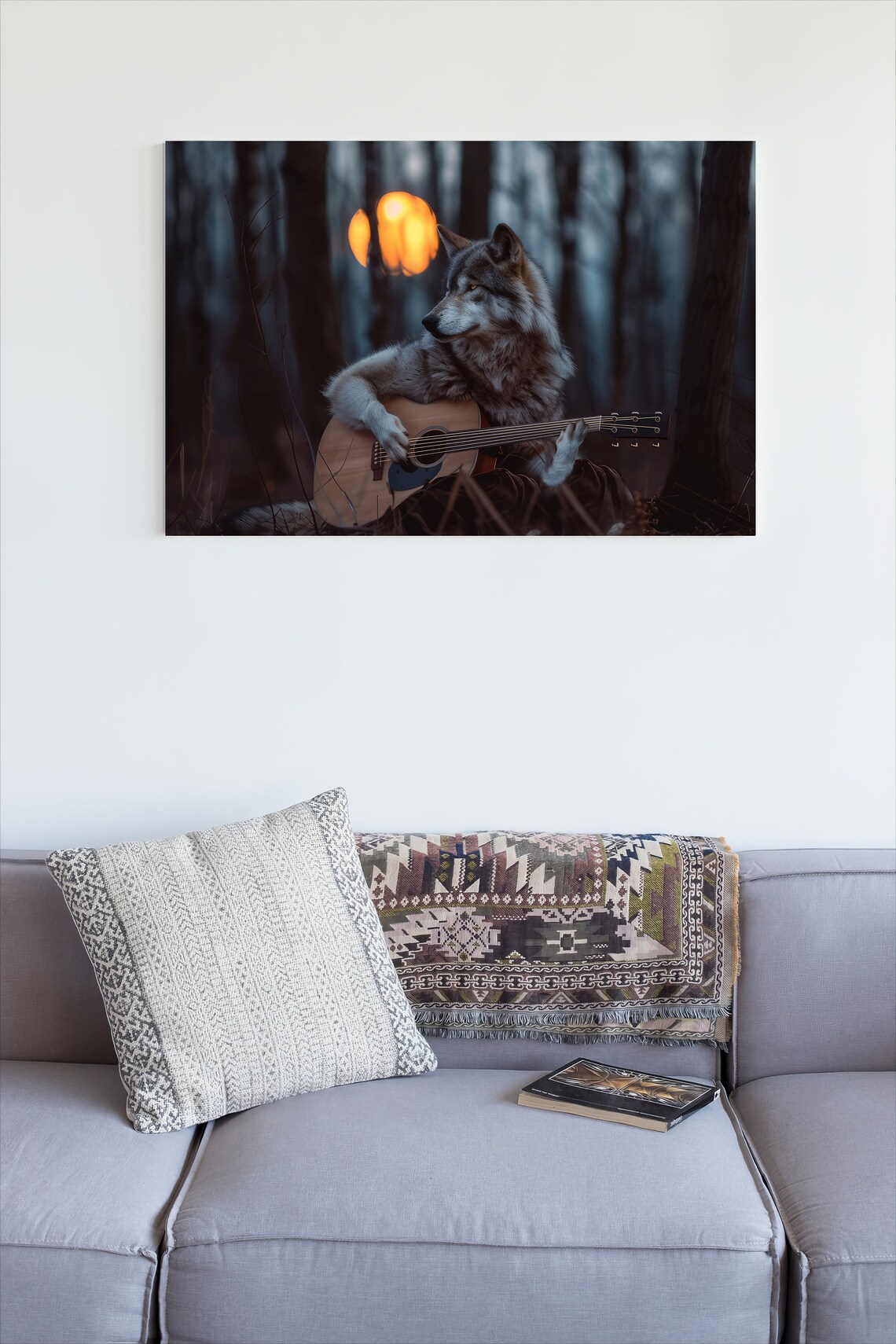 Wolf Playing Guitar Poster, Abstract Moon Night - Image 4