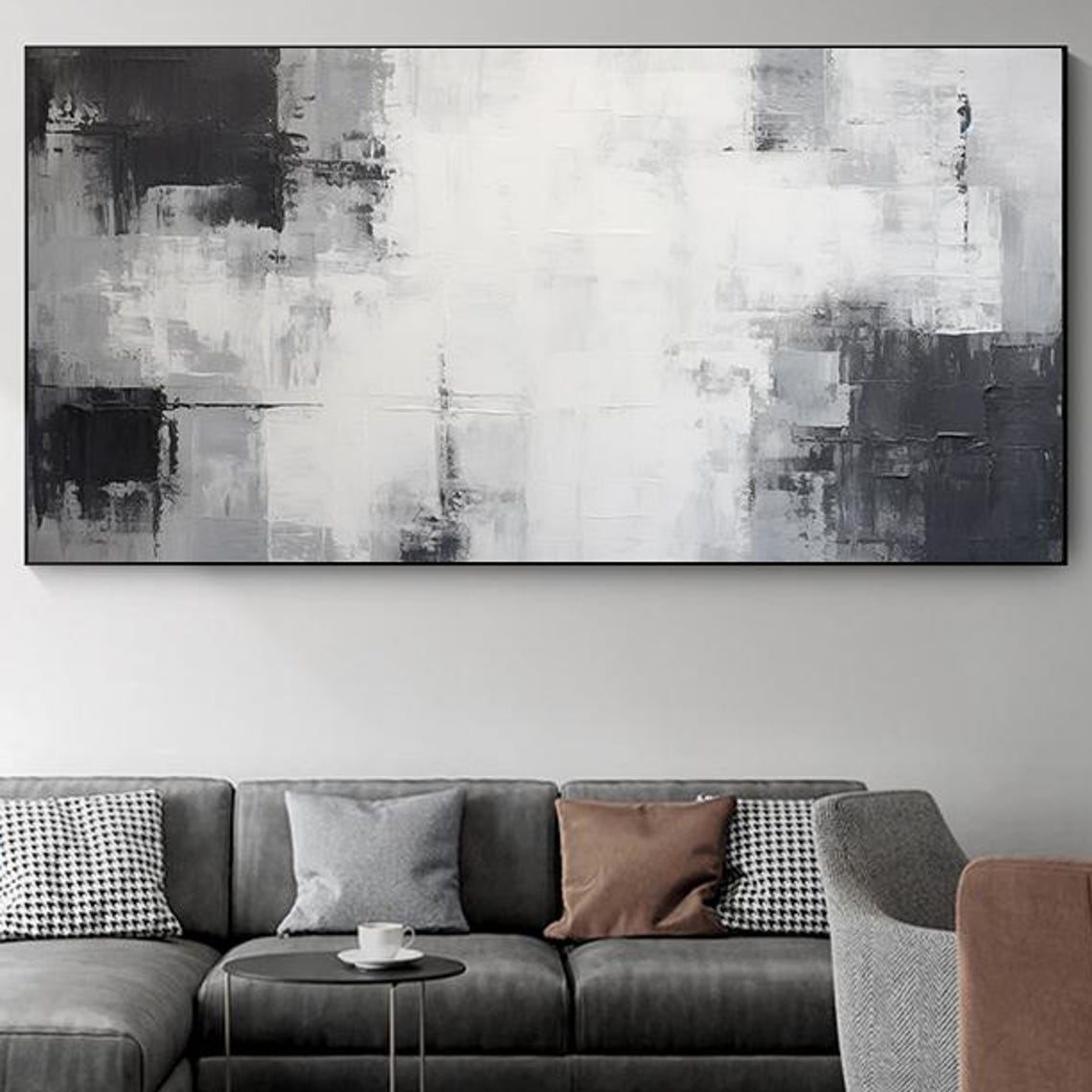 Wide Horizontal Grey and Black Minimalist Abstract Art Poster