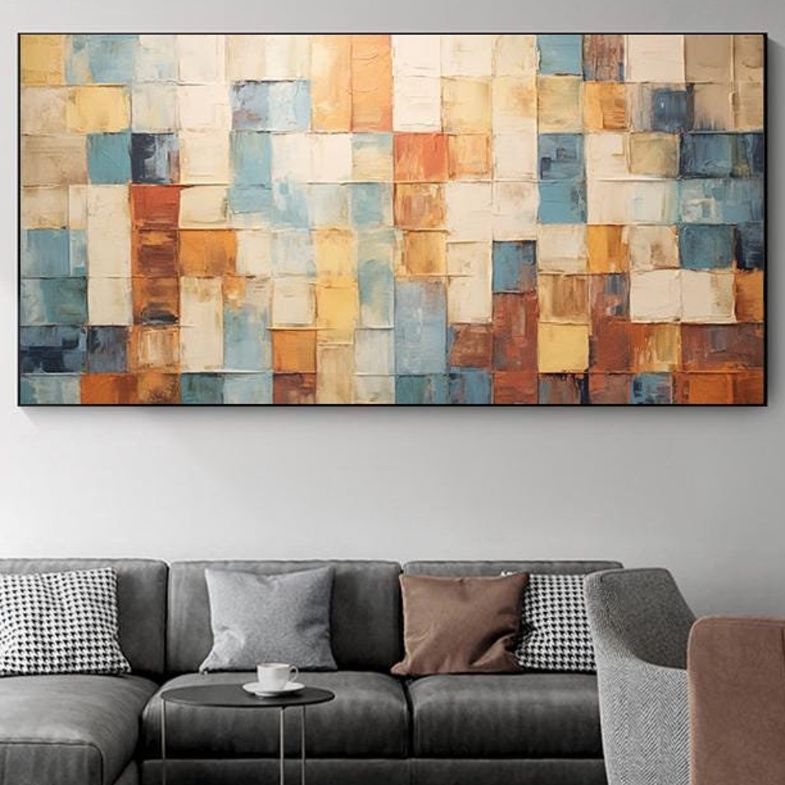 Warm Mosaic Block Grid Rust Blue Cream Horizontal Painting Poster