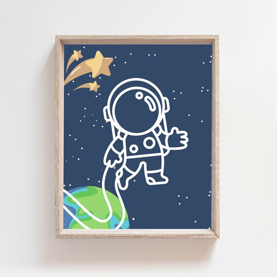 Cute Astronaut Floating In Space Stars Navy Nursery Art Poster