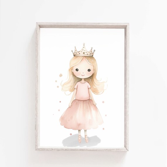 Sweet Blonde Princess Crown Pink Dress Watercolor Art Poster