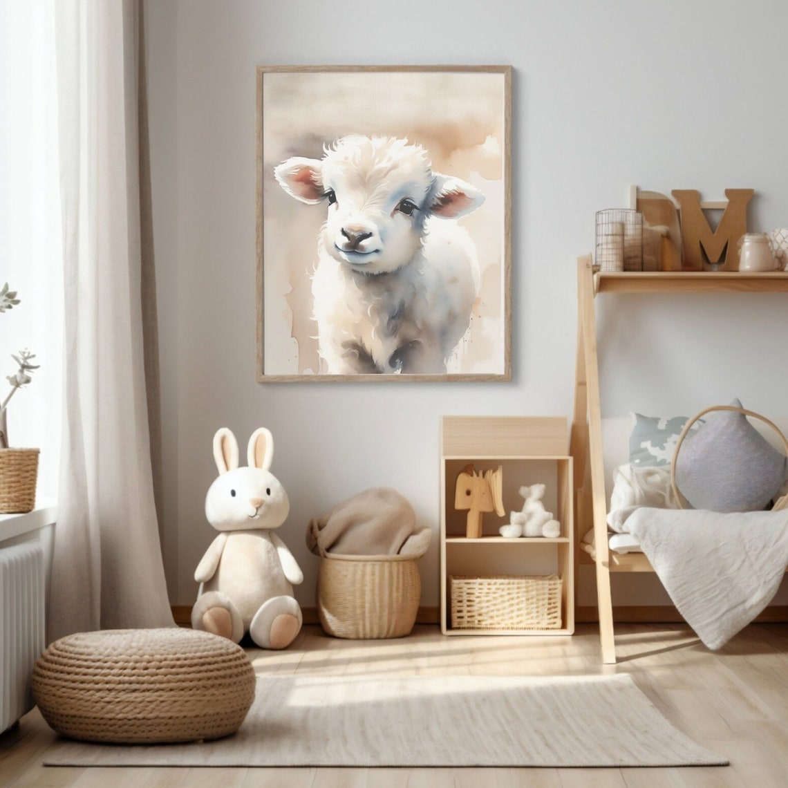 Sweet Baby Lamb Watercolor Portrait Soft Neutral Nursery Poster