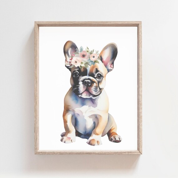 French Bulldog Puppy With Pink Flower Crown Girls Nursery Watercolor Poster