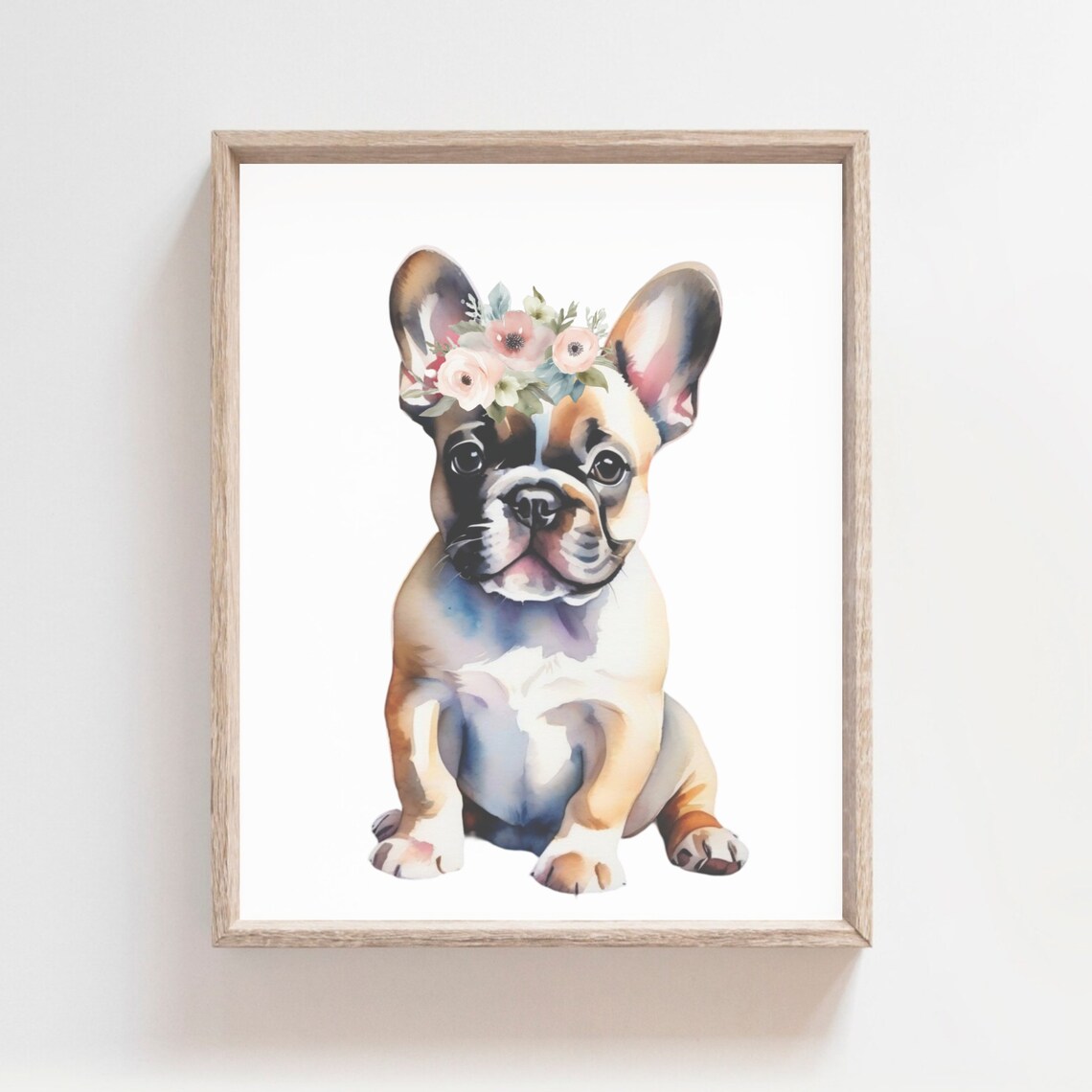 French Bulldog Puppy With Pink Flower Crown Girls Nursery Watercolor Poster