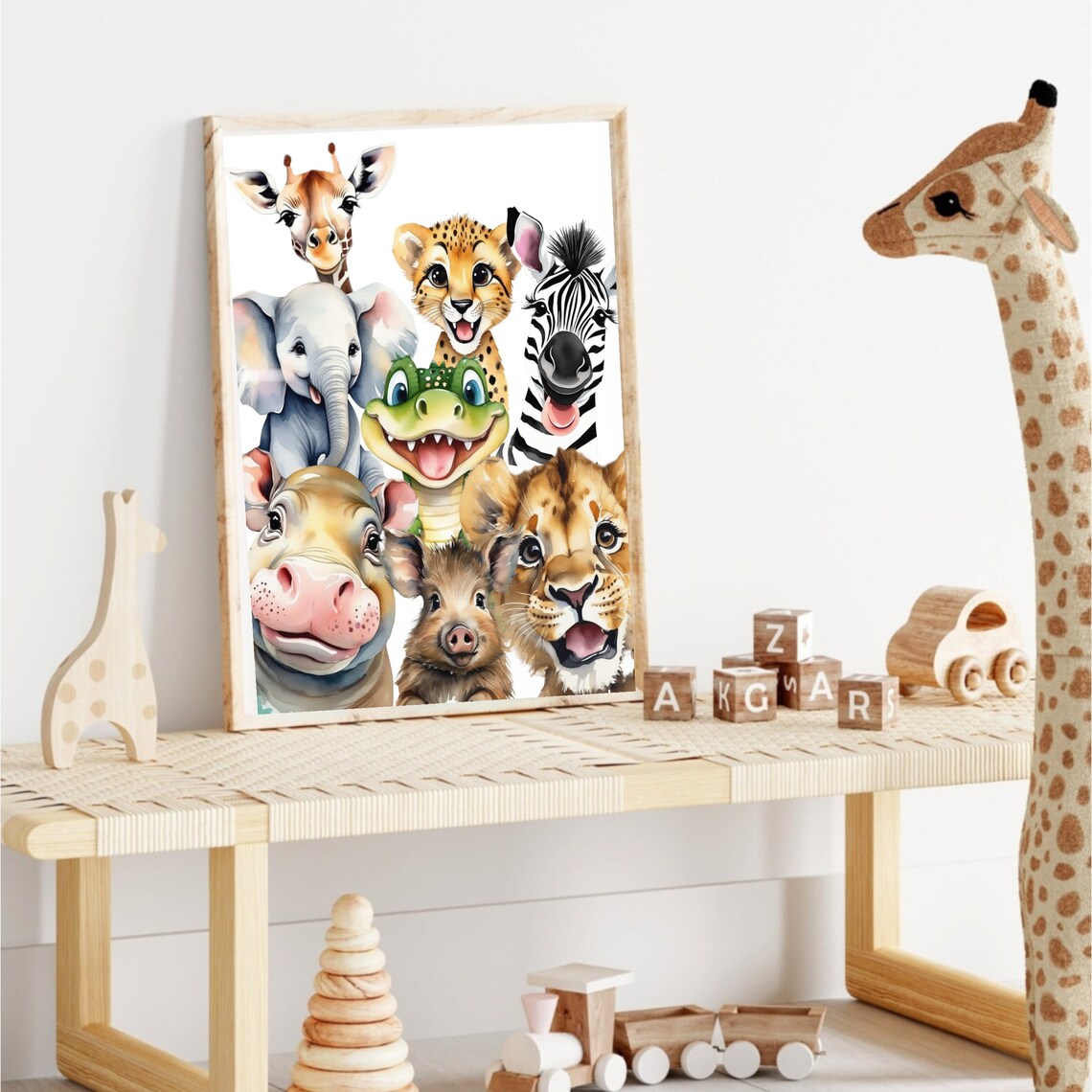 Safari Friends Animal Faces Collage Watercolor Jungle Nursery Kids Room Poster - Image 2
