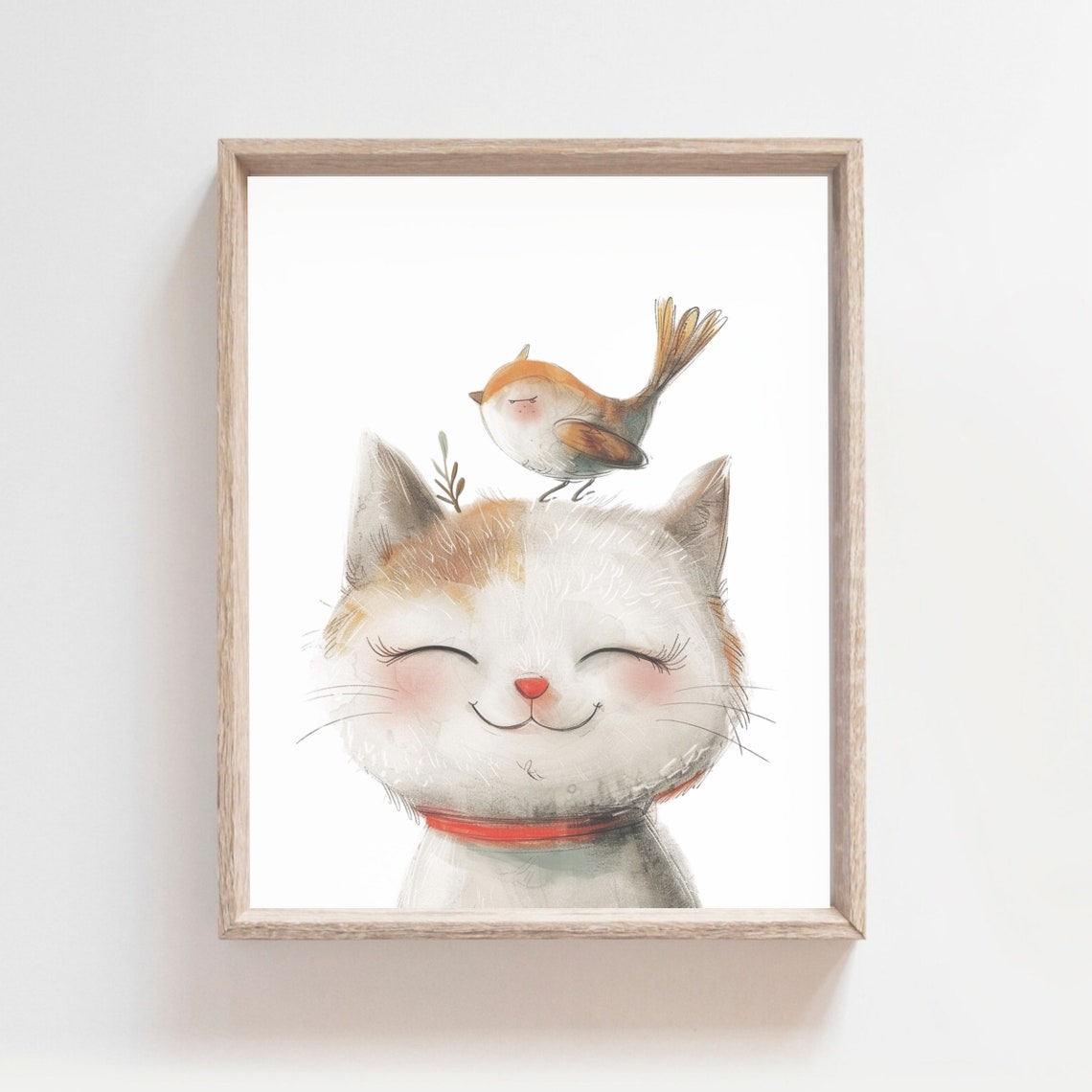 Smiling Kitten Bird Watercolor Cute Cat Baby Nursery Wall Poster