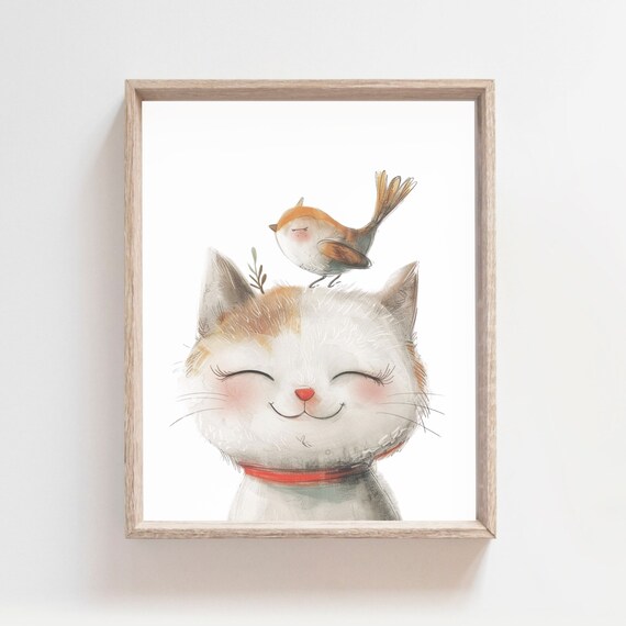 Cute Cat Print Cat Cat Wall Poster Nursery Cat Art Nursery Kitten Print Cat Poster Cat Wall Art Bird Nursery Prints