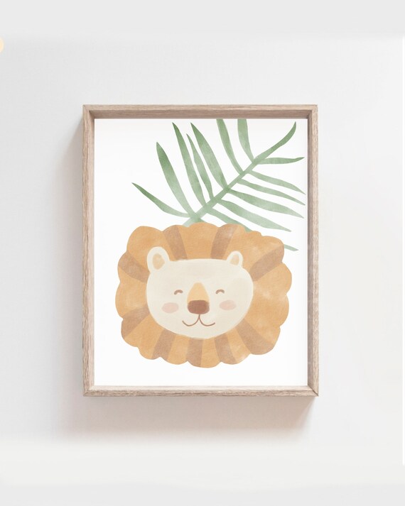 Cute Baby Lion Face Palm Leaf Watercolor Nursery Art Poster Room