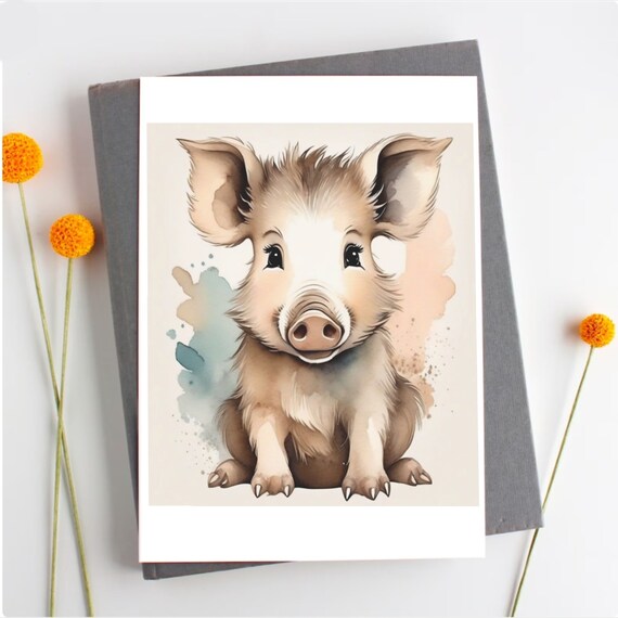 Cute Fun Baby Wild Boar Pig For Kids Play Room Wall Decor Baby Shower Poster Gift Watercolor Delicate High Resolution